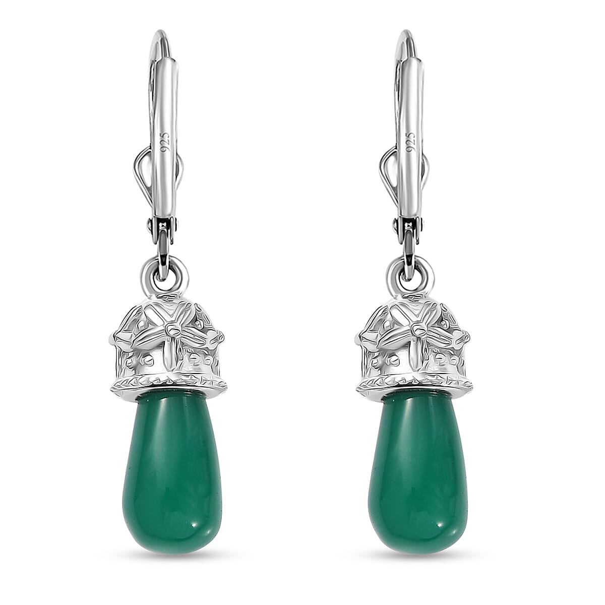 D'Joy Verde Onyx 6.60 ctw Floral on Cap Earrings in Rhodium Over Sterling Silver