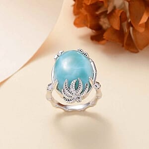 Natural Green Larimar and White Zircon 19.05 ctw Fancy Ring in Rhodium Over Sterling Silver (Size 9)