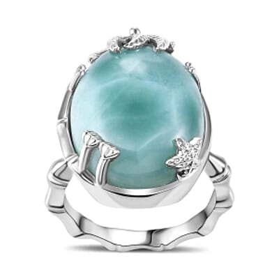 Natural Green Larimar and White Zircon 19.05 ctw Fancy Ring in Rhodium Over Sterling Silver (Size 9)