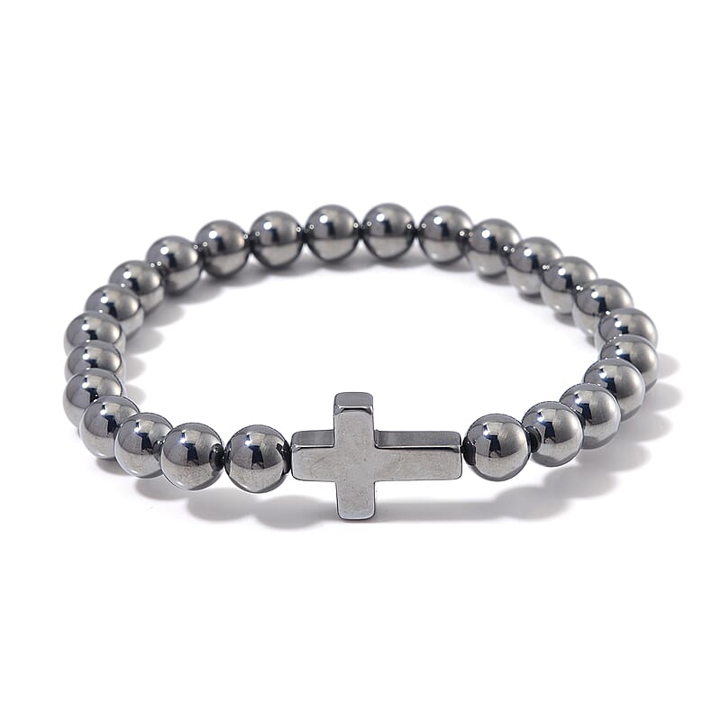 Terahertz 85.00 ctw Block Stretch Men's Bracelet with Cross Charm (7.5-8.0In)