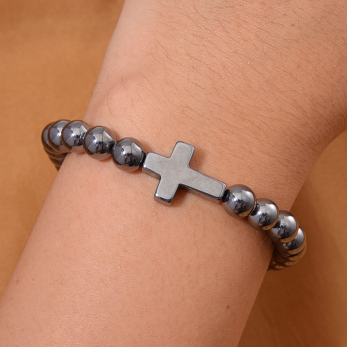 Terahertz 85.00 ctw Block Stretch Men's Bracelet with Cross Charm (7.5-8.0In) image number 1