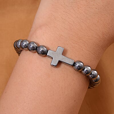 Terahertz 85.00 ctw Block Stretch Men's Bracelet with Cross Charm (7.5-8.0In)