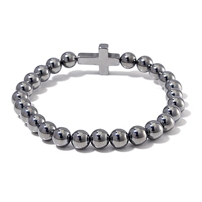 Terahertz 85.00 ctw Block Stretch Men's Bracelet with Cross Charm (7.5-8.0In)