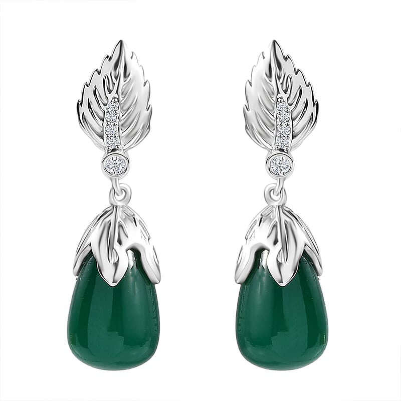 Verde Onyx and White Zircon 15.10 ctw Leaf Earrings in Rhodium Over Sterling Silver