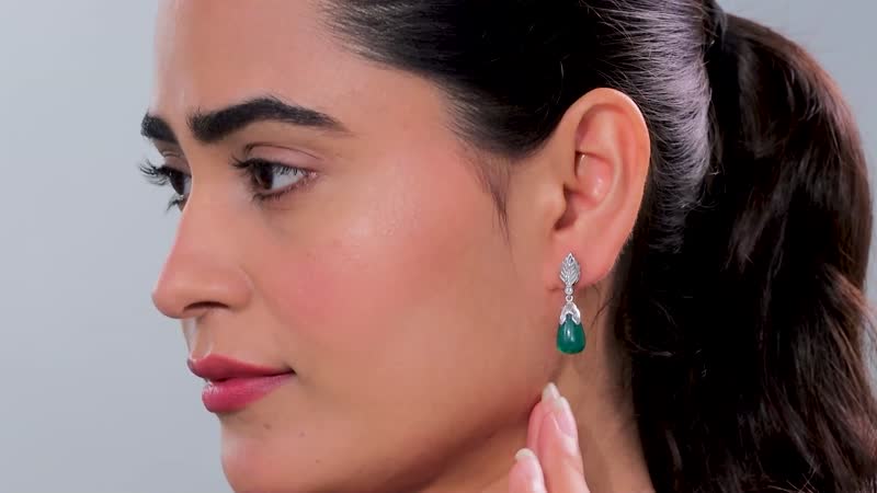 Verde Onyx and White Zircon 15.10 ctw Leaf Earrings in Rhodium Over Sterling Silver
