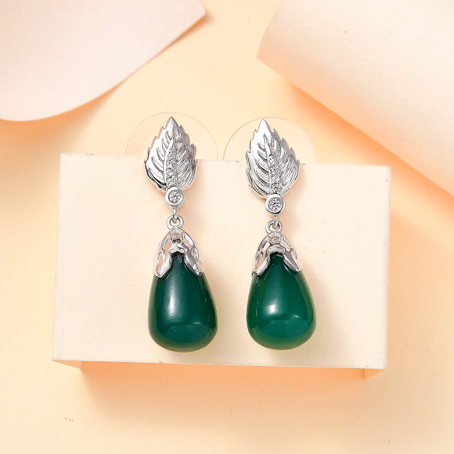 Verde Onyx and White Zircon 15.10 ctw Leaf Earrings in Rhodium Over Sterling Silver