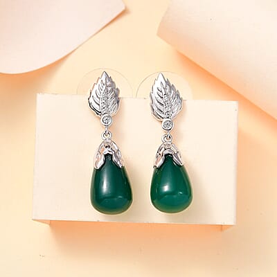 Verde Onyx and White Zircon 15.10 ctw Leaf Earrings in Rhodium Over Sterling Silver