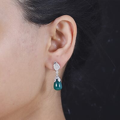 Verde Onyx and White Zircon 15.10 ctw Leaf Earrings in Rhodium Over Sterling Silver