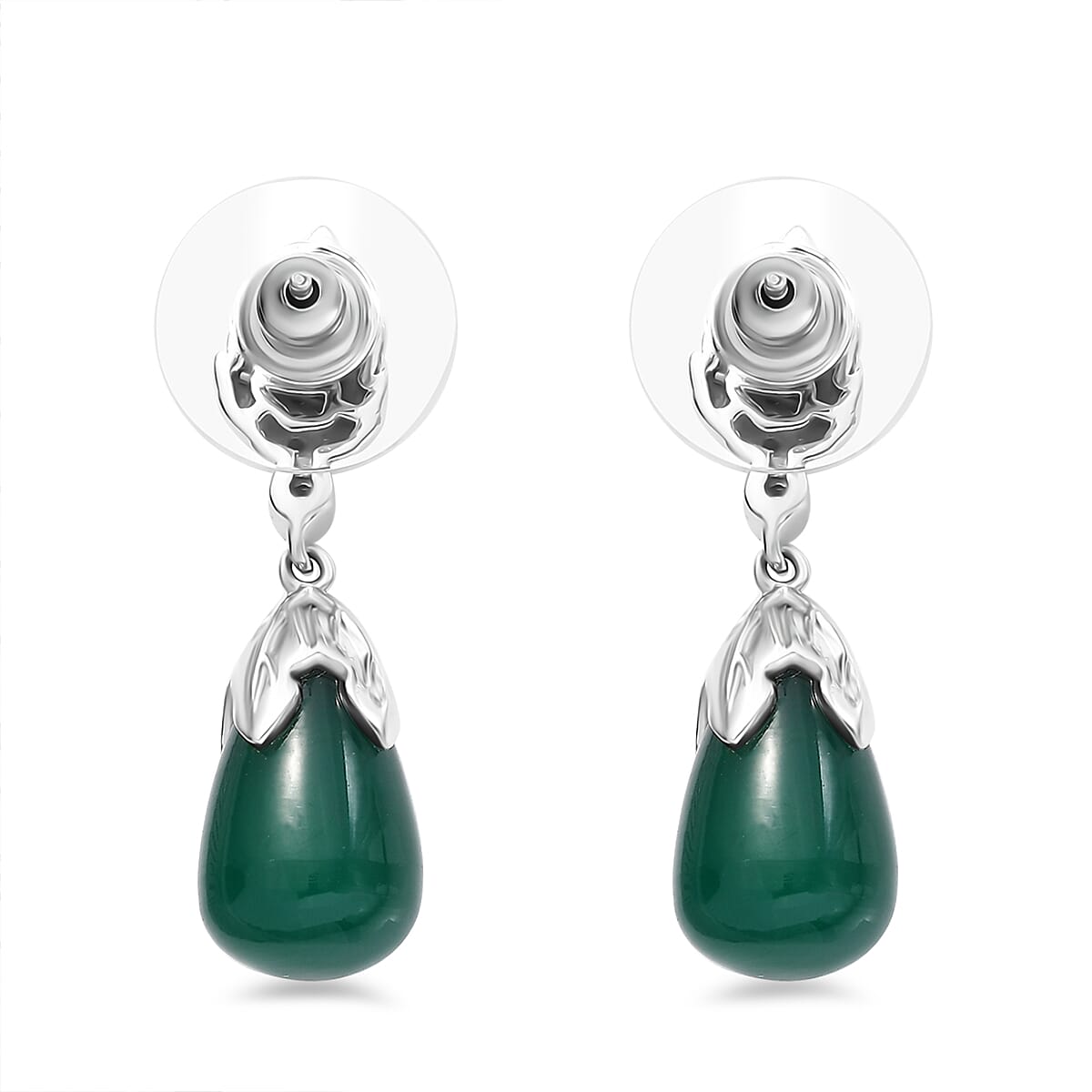 Verde Onyx and White Zircon 15.10 ctw Leaf Earrings in Rhodium Over Sterling Silver