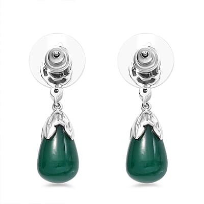 Verde Onyx and White Zircon 15.10 ctw Leaf Earrings in Rhodium Over Sterling Silver