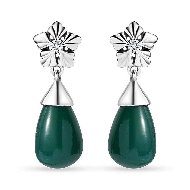 Verde Onyx and White Zircon 13.60 ctw Floral Earrings in Rhodium Over Sterling Silver
