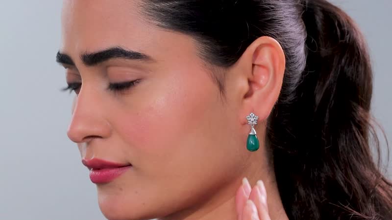 Verde Onyx and White Zircon 13.60 ctw Floral Earrings in Rhodium Over Sterling Silver