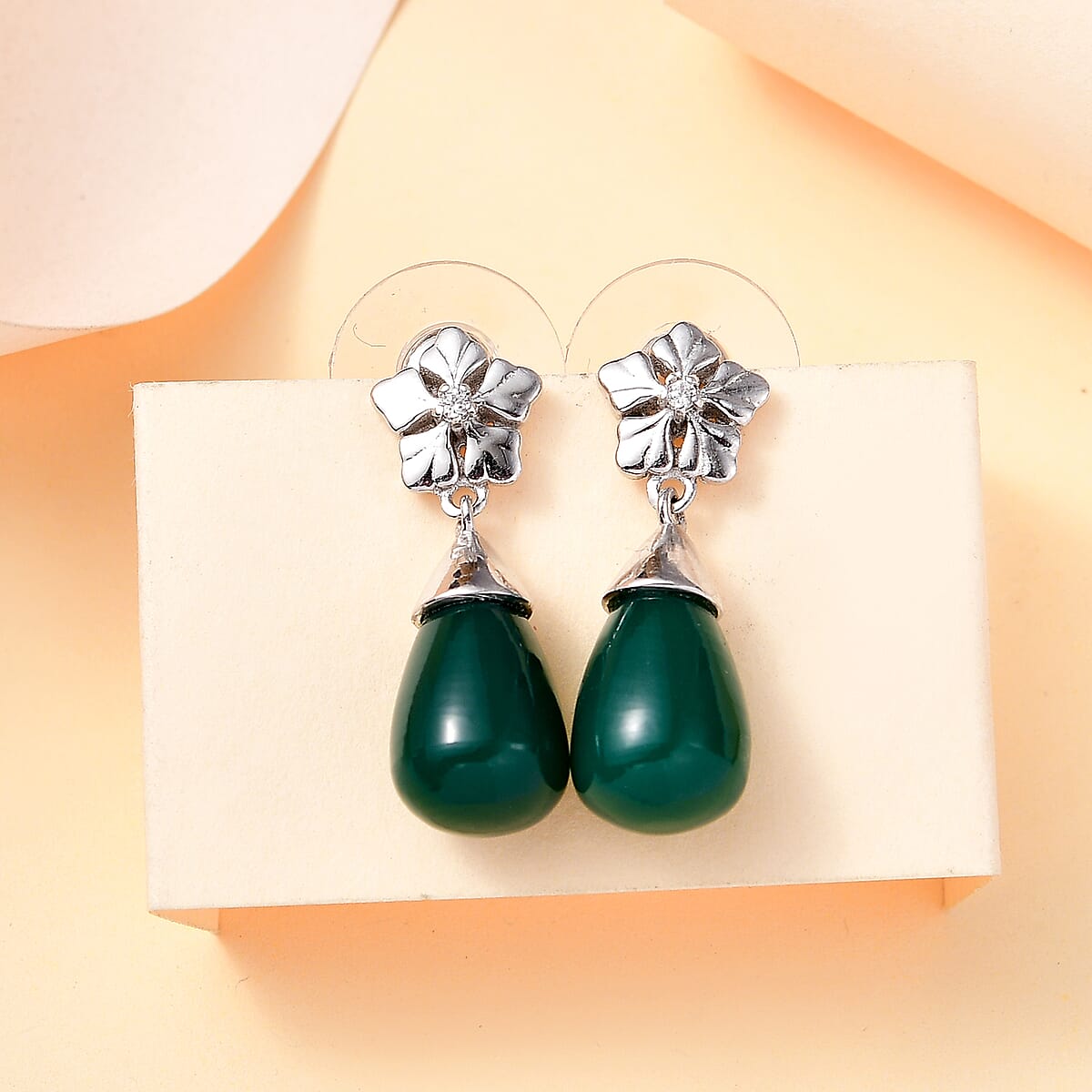 Verde Onyx and White Zircon 13.60 ctw Floral Earrings in Rhodium Over Sterling Silver image number 1