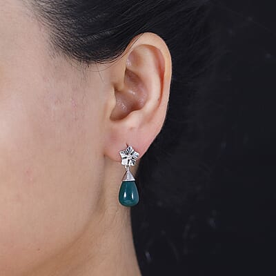 Verde Onyx and White Zircon 13.60 ctw Floral Earrings in Rhodium Over Sterling Silver