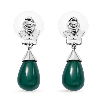 Verde Onyx and White Zircon 13.60 ctw Floral Earrings in Rhodium Over Sterling Silver