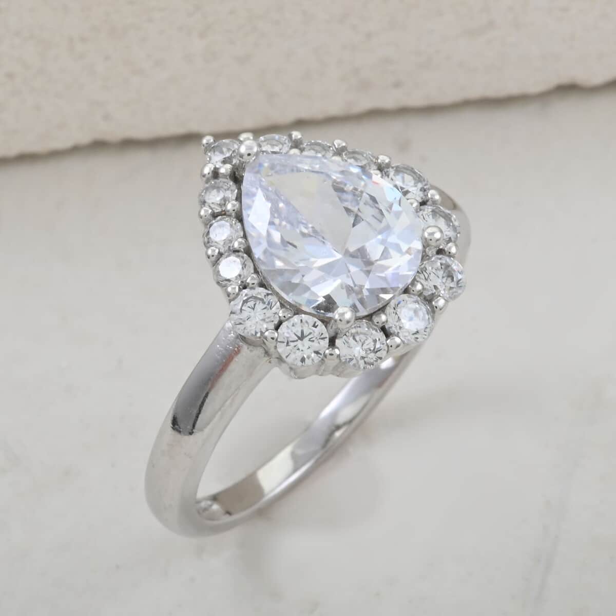 Simulated Diamond Teardrop Ring in Platinum Over Sterling Silver (Size 10.0) image number 1