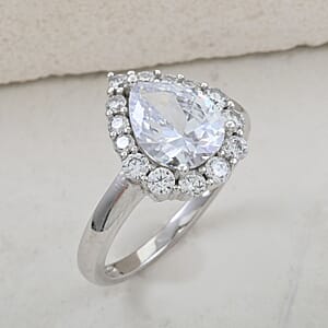 Simulated Diamond Teardrop Ring in Platinum Over Sterling Silver (Size 10.0)
