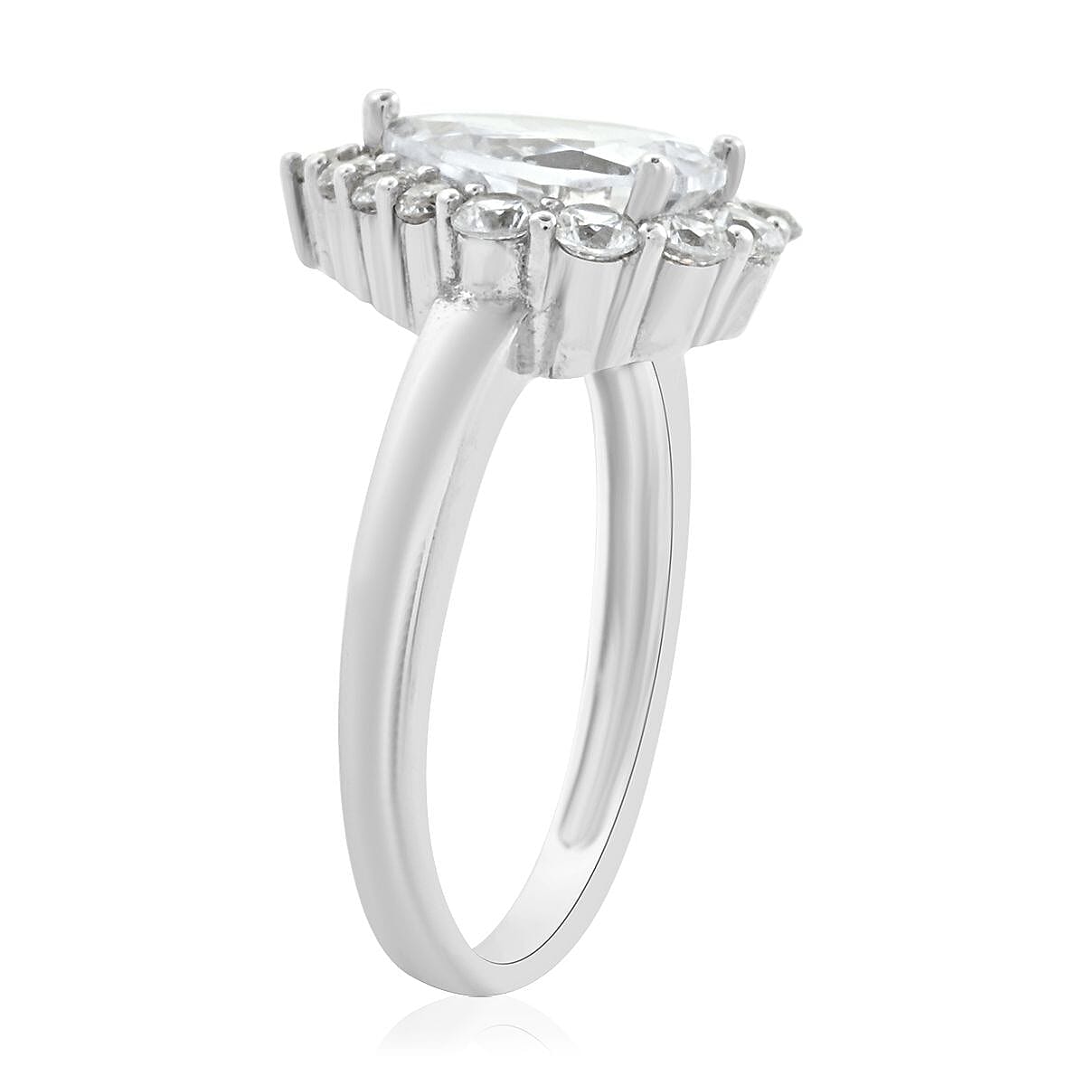 Simulated Diamond Teardrop Ring in Platinum Over Sterling Silver (Size 10.0)