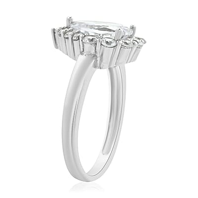 Simulated Diamond Teardrop Ring in Platinum Over Sterling Silver (Size 10.0)