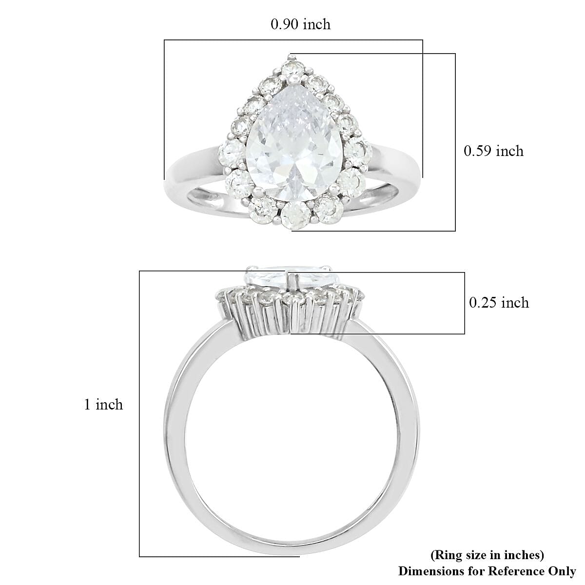 Simulated Diamond Teardrop Ring in Platinum Over Sterling Silver (Size 10.0)