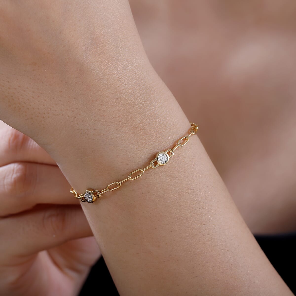 Karis Diamond Accent Paper Clip Chain Bracelet in 18K Yellow Gold Plate (7.25 In) image number 2