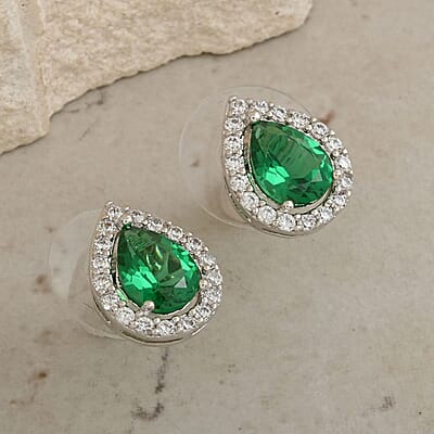 Simulated Emerald and Simulated Diamond 2.65 ctw Earrings in Silvertone