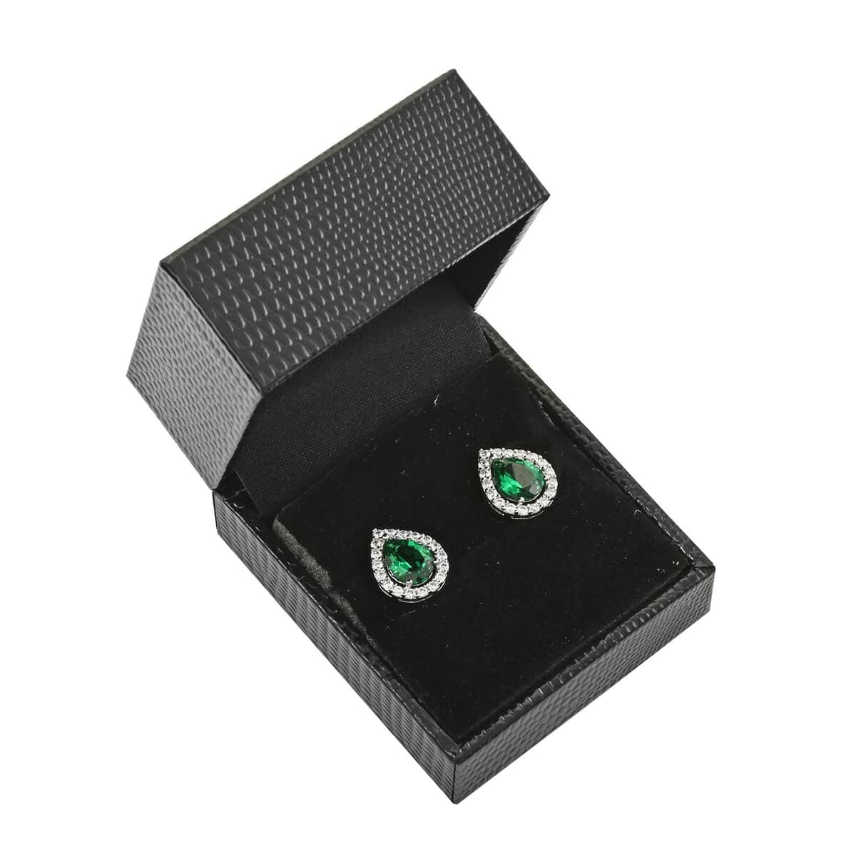 Simulated Emerald and Simulated Diamond 2.65 ctw Earrings in Silvertone image number 4