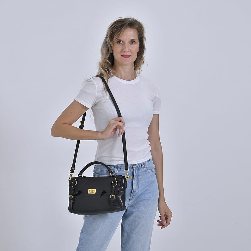 Italy Retro Noble Collection Black Genuine Leather Crossbody Bag with Shoulder Strap