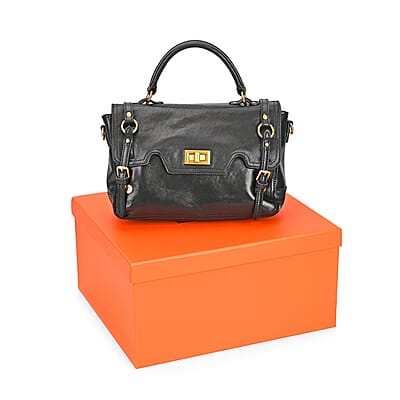 Italy Retro Noble Collection Black Genuine Leather Crossbody Bag with Shoulder Strap