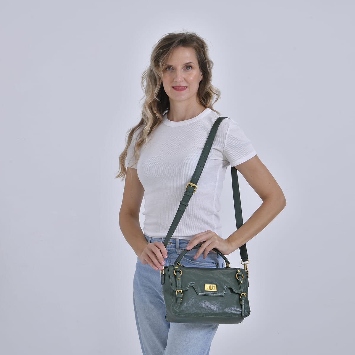 Italy Retro Noble Collection Green Genuine Leather Crossbody Bag with Shoulder Strap image number 1