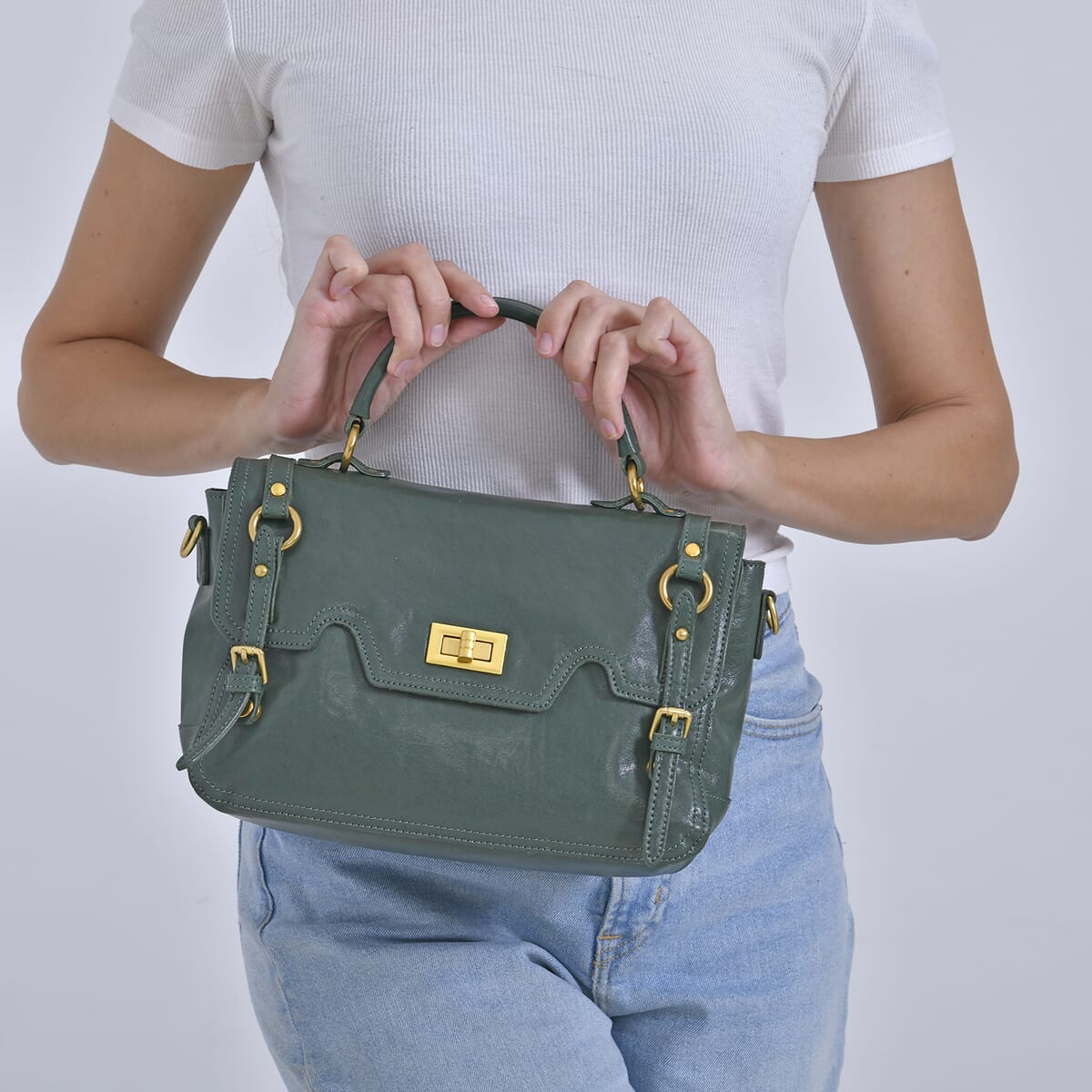 Italy Retro Noble Collection Green Genuine Leather Crossbody Bag with Shoulder Strap image number 2