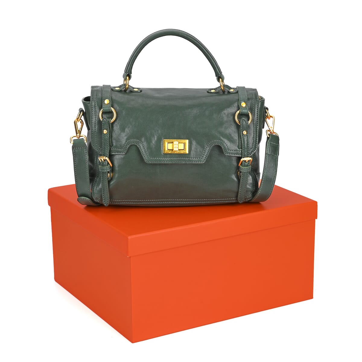 Italy Retro Noble Collection Green Genuine Leather Crossbody Bag with Shoulder Strap image number 7