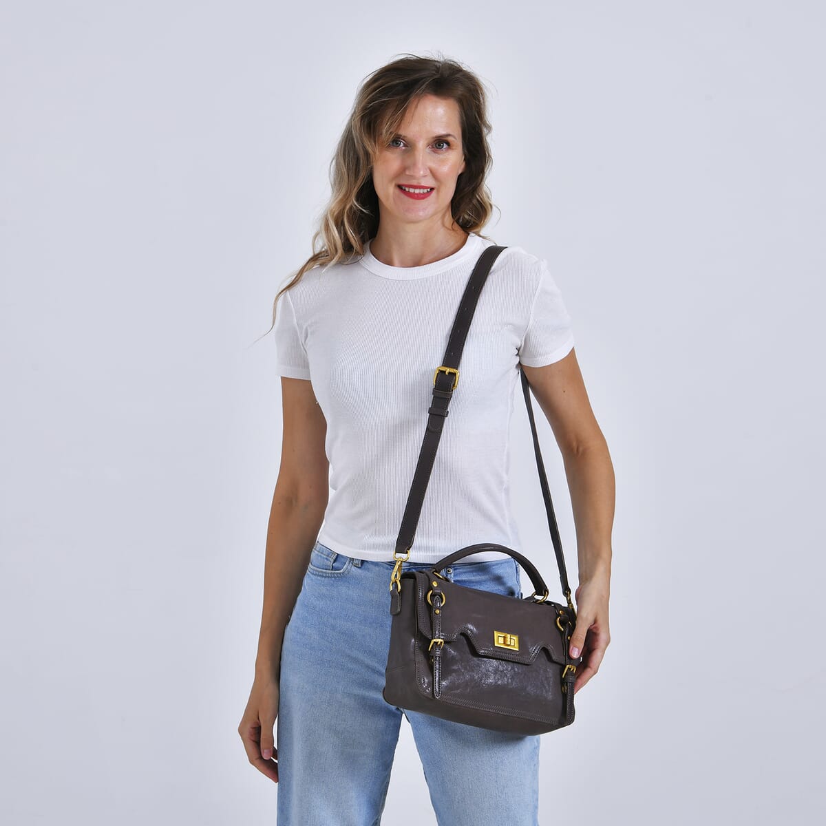 Italy Retro Noble Collection Gray Genuine Leather Crossbody Bag with Shoulder Strap image number 1