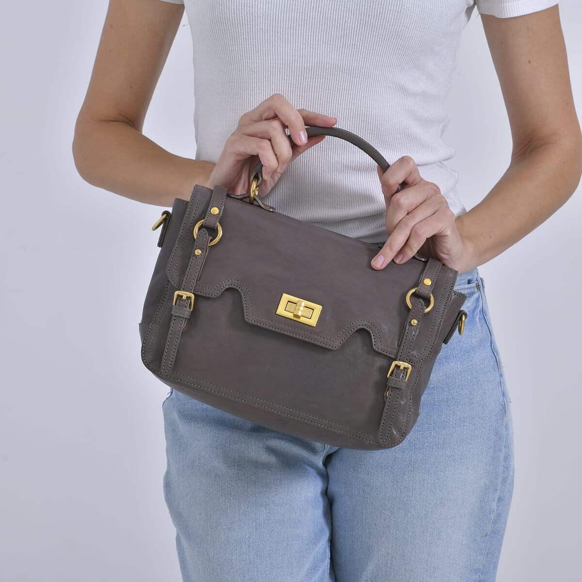 Italy Retro Noble Collection Gray Genuine Leather Crossbody Bag with Shoulder Strap image number 2
