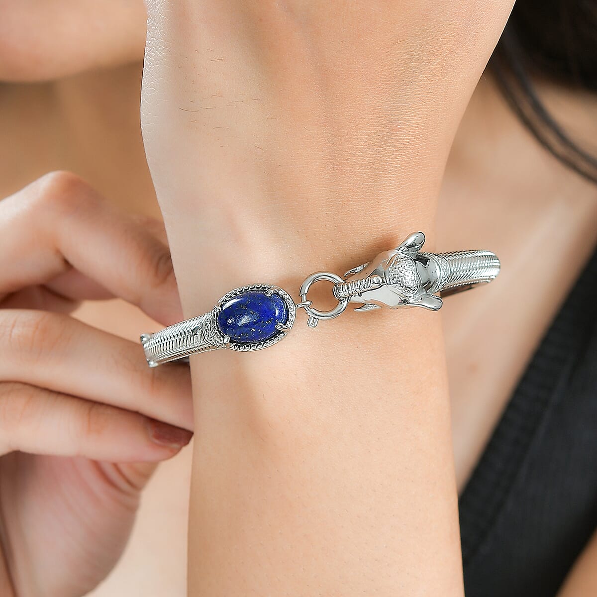 Lapis Lazuli 7.20 ctw Bangle Bracelet in Stainless Steel (8.00 In)  image number 2