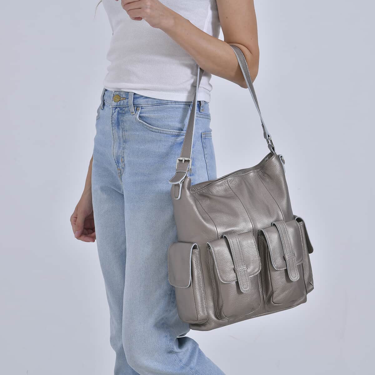 Italy Retro Noble Collection Beige Genuine Leather 2 in 1 Crossbody Bag with Shoulder Strap image number 2