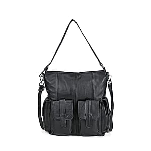 Italy Retro Noble Collection Black Genuine Leather 2 in 1 Crossbody Bag with Shoulder Strap
