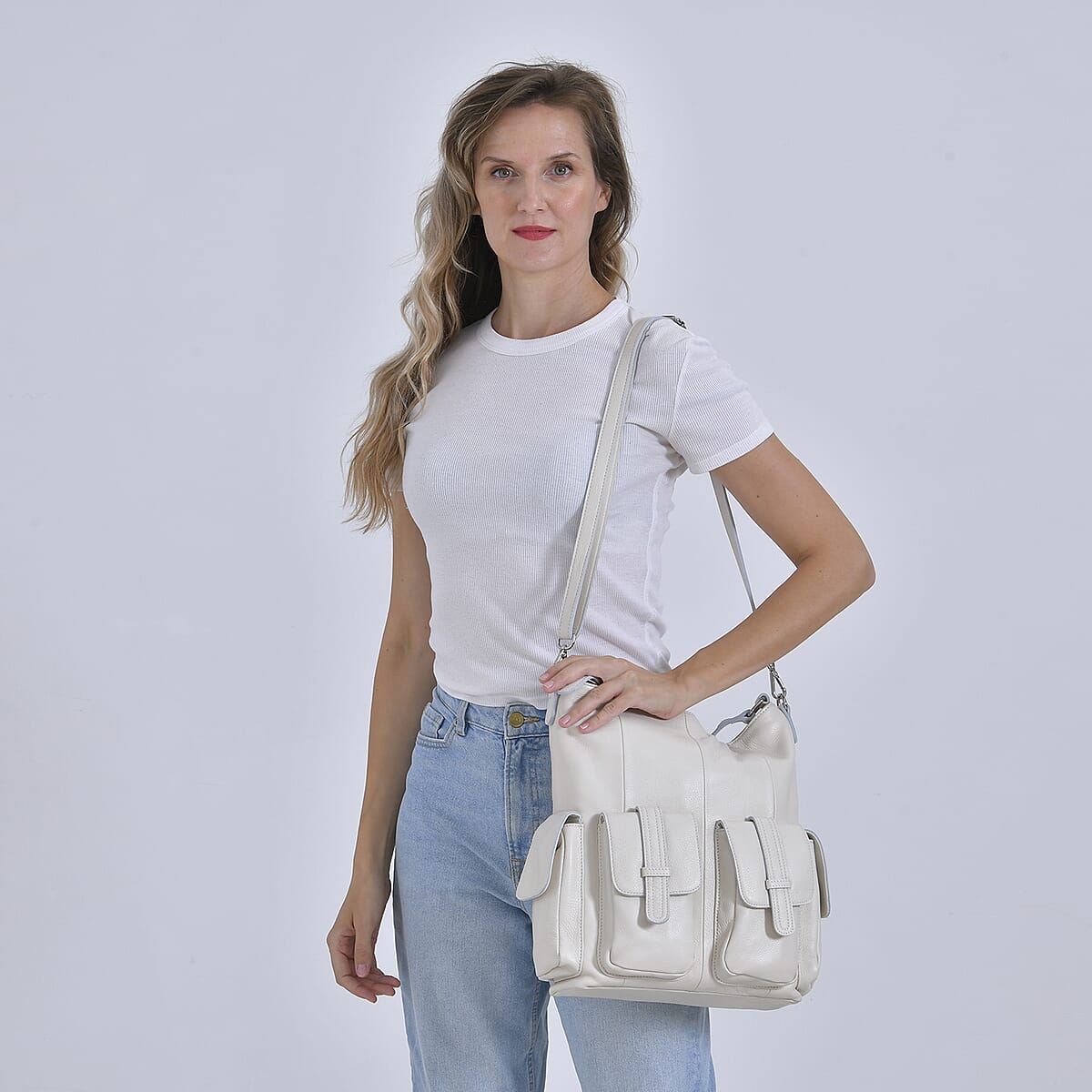 Italy Retro Noble Collection White Genuine Leather 2 in 1 Crossbody Bag with Shoulder Strap image number 1