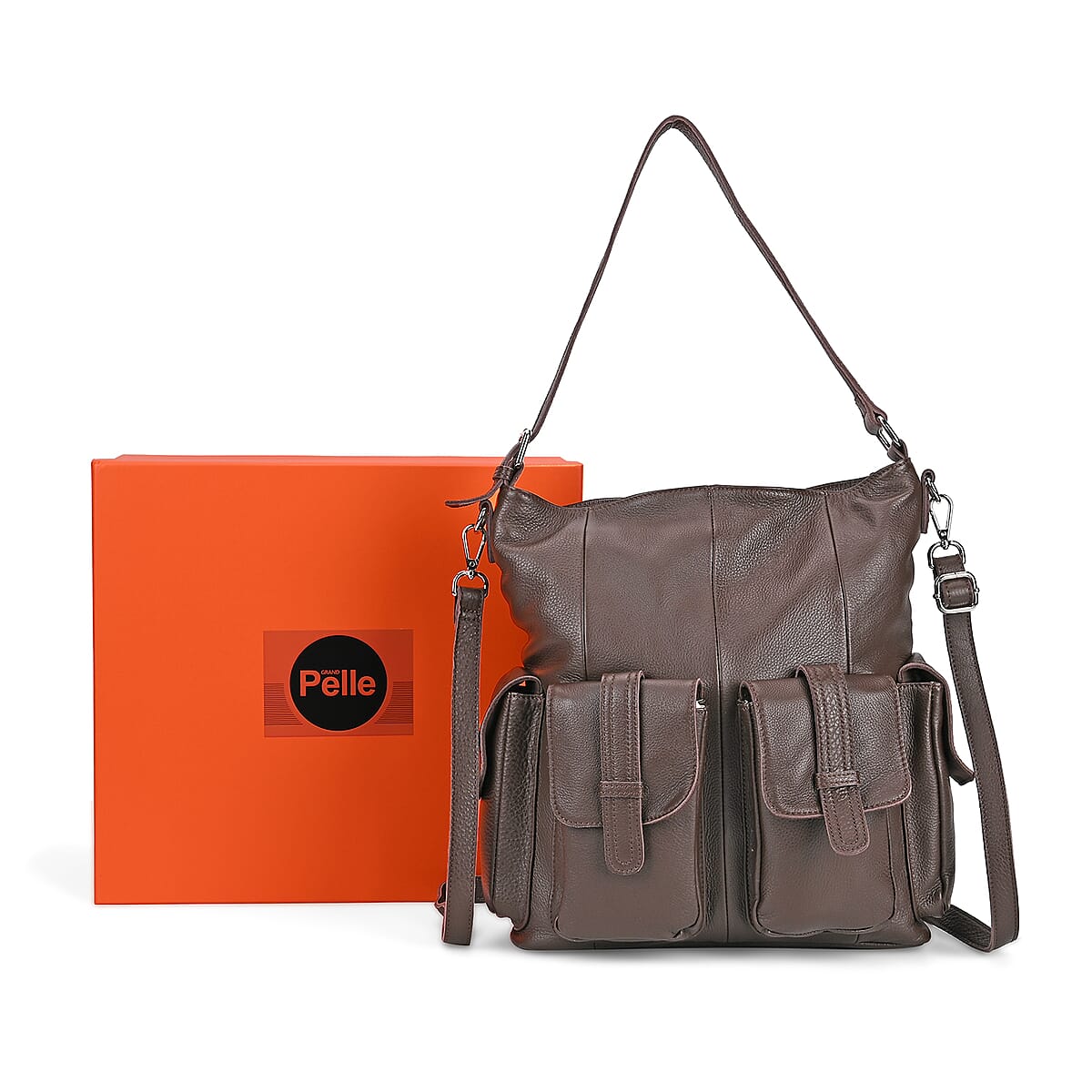 Italy Retro Noble Collection Coffee Genuine Leather 2 in 1 Crossbody Bag with Shoulder Strap image number 7