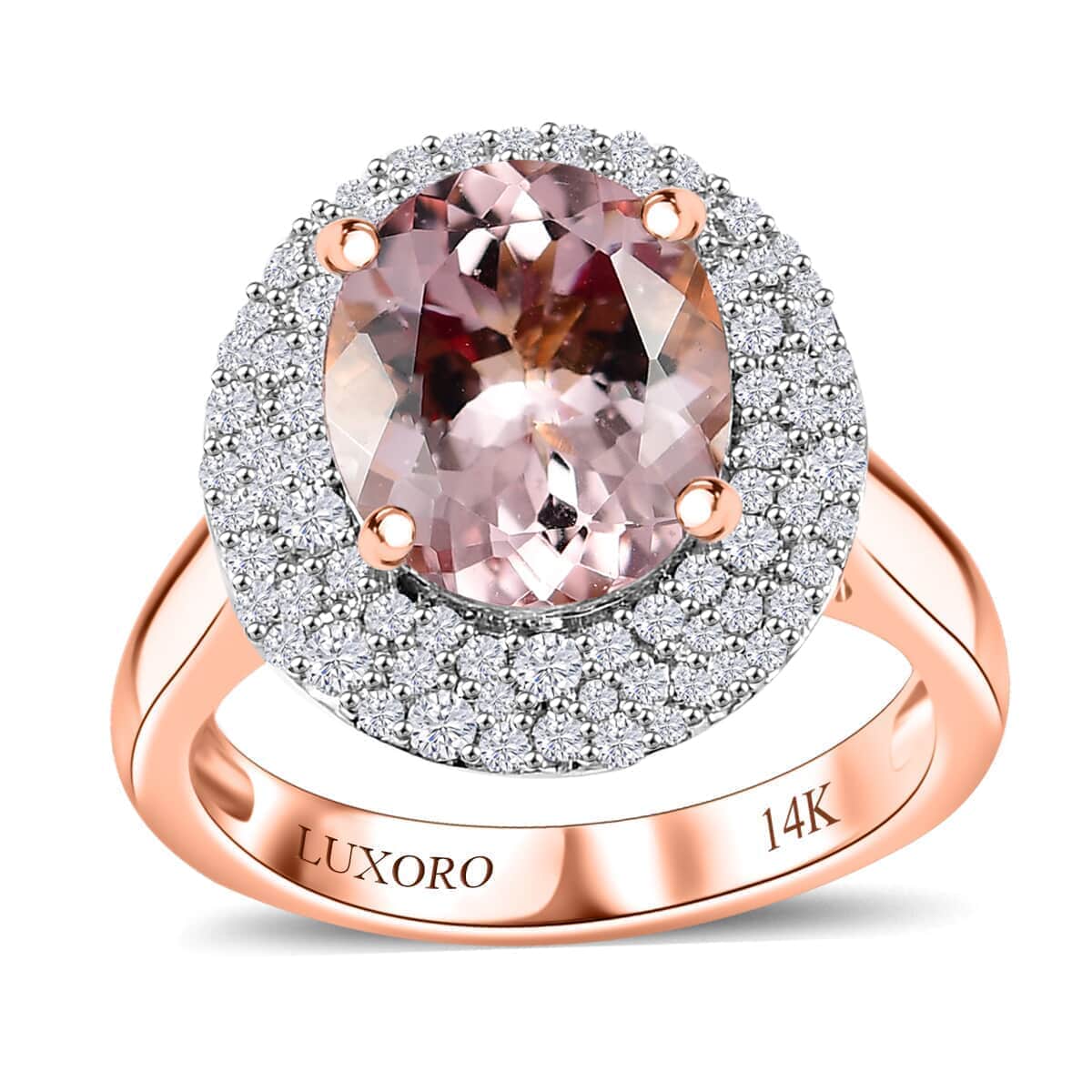 Certified & Appraised Luxoro AAA Pink Morganite and G-H I2 Diamond 4.13 ctw Double Halo Ring in 14K Rose Gold (Size 6.0) 4.85 Grams image number 0