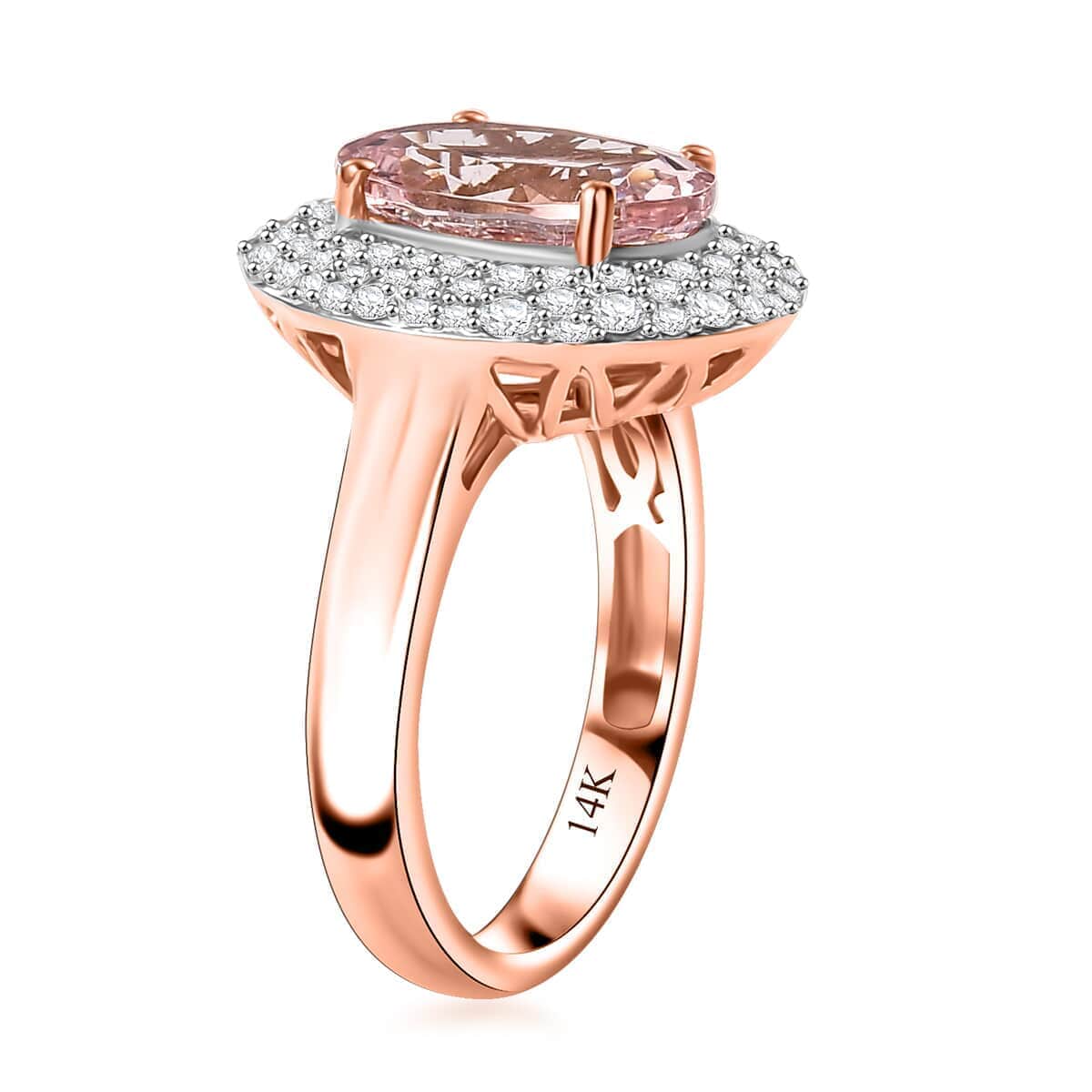 Certified & Appraised Luxoro AAA Pink Morganite and G-H I2 Diamond 4.13 ctw Double Halo Ring in 14K Rose Gold (Size 6.0) 4.85 Grams image number 3