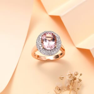 Certified & Appraised Luxoro AAA Pink Morganite and G-H I2 Diamond 4.13 ctw Double Halo Ring in 14K Rose Gold (Size 8.0) 4.85 Grams