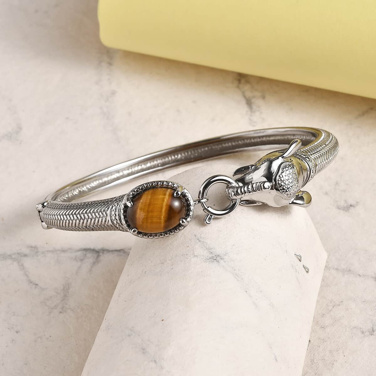 Tigers Eye 6.10 ctw Bangle Bracelet in Stainless Steel (6.50 In) image number 1