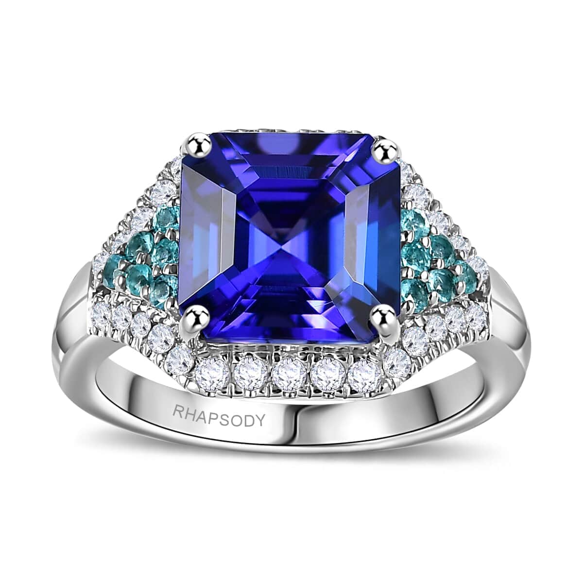 Certified & Appraised Rhapsody AAAA Tanzanite, Paraiba Tourmaline and E-F VS2 Diamond 4.37 ctw Ring in 950 Platinum (Size 6.0) 7.50 Grams image number 0