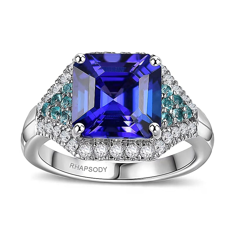 Certified & Appraised Rhapsody AAAA Tanzanite, Paraiba Tourmaline and E-F VS2 Diamond 4.37 ctw Ring in 950 Platinum (Size 6.0) 7.50 Grams