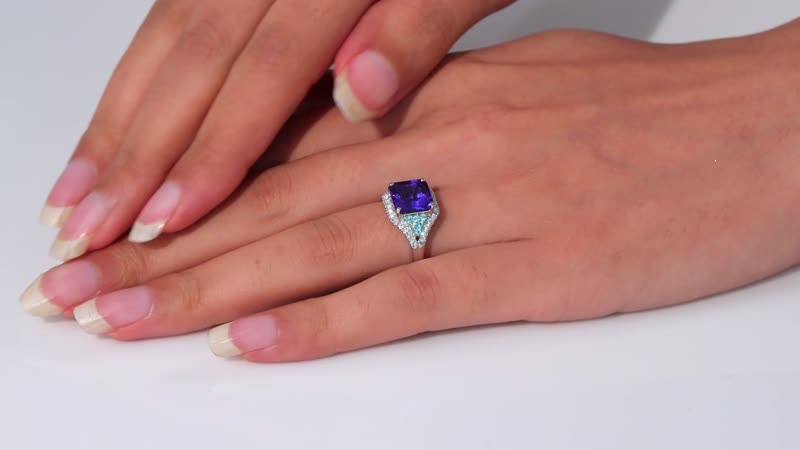 Certified & Appraised Rhapsody 950 Platinum AAAA Tanzanite, Paraiba Tourmaline, Diamond (E-F, VS2) (0.45 cts) Ring (Size 6.0) (7.50 g) 4.37 ctw