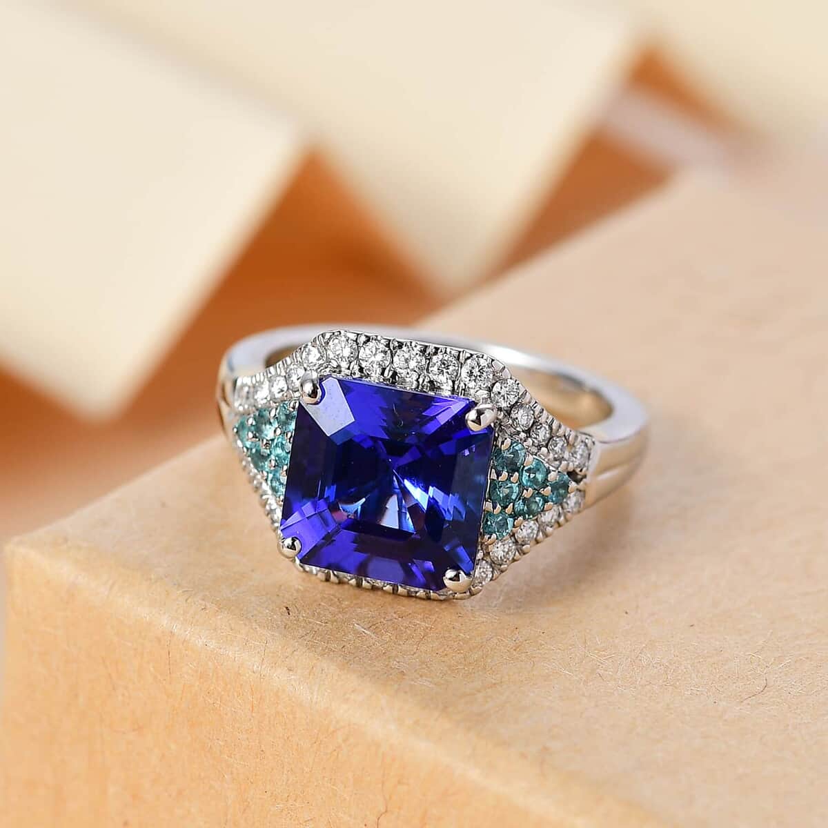 Certified & Appraised Rhapsody AAAA Tanzanite, Paraiba Tourmaline and E-F VS2 Diamond 4.37 ctw Ring in 950 Platinum (Size 6.0) 7.50 Grams image number 1