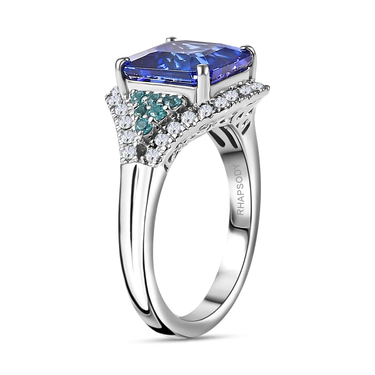 Certified & Appraised Rhapsody AAAA Tanzanite, Paraiba Tourmaline and E-F VS2 Diamond 4.37 ctw Ring in 950 Platinum (Size 6.0) 7.50 Grams image number 3