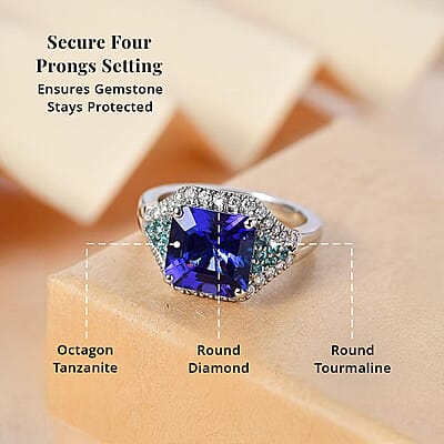 Certified & Appraised Rhapsody AAAA Tanzanite, Paraiba Tourmaline and E-F VS2 Diamond 4.37 ctw Ring in 950 Platinum (Size 6.0) 7.50 Grams