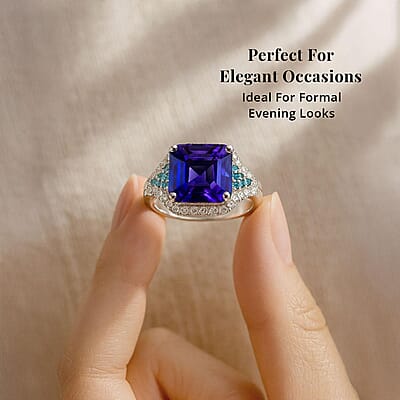 Certified & Appraised Rhapsody AAAA Tanzanite, Paraiba Tourmaline and E-F VS2 Diamond 4.37 ctw Ring in 950 Platinum (Size 6.0) 7.50 Grams